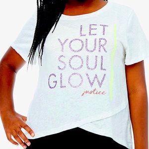 2 Justice Girls Graphic Cross-Front Pearl Heather Grey and Black Tee Shirts